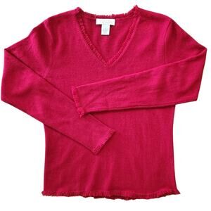 100% Cashmere PECK & PECK  womens red fringe v-neck sweater size small